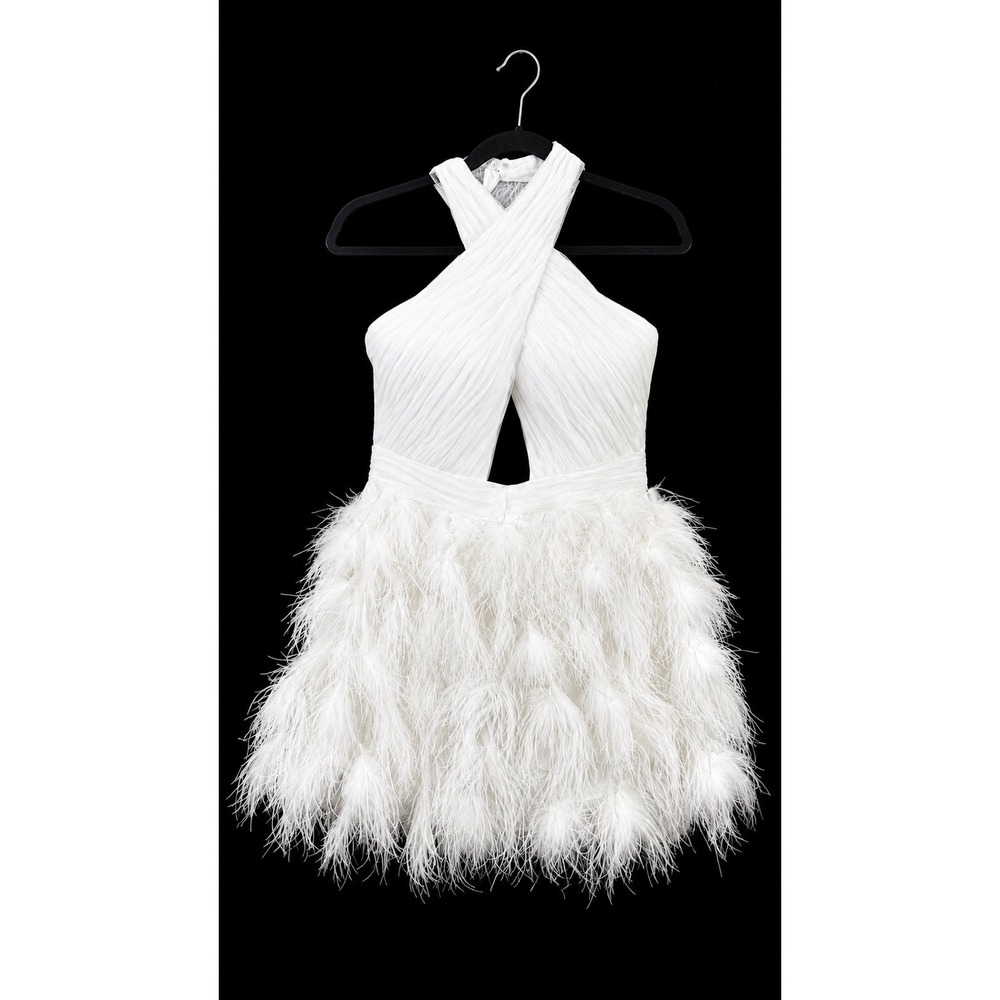 Untamed Petals After Party White Feather Halter Mini Dress Size 12 NWT